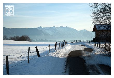 Germany, Bavaria, winter road, snowy mountains, snowy landscape, country road winter
