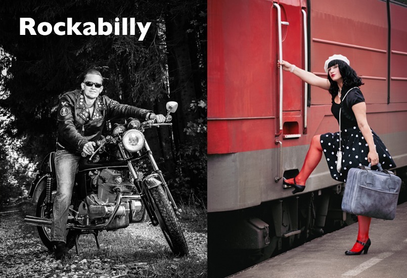 Rockabilly Fotoshooting: Links ist ein Schwarzweißbild eines blonden Rockabilly mit Sonnenbrille, Lederjacke und Jeans auf einem Motorrad zu sehen, das auf einem Waldweg steht. Rechts steht eine Rockabella mit schwarz-weißem Polkadot Rock, schwarzem T-Shirt und knallig roten Strümpfen auf dem Bahnsteig neben einer roten Lokomotive. Sie hat schwarze schulterlange Haare und eine leichte weiße Mütze auf dem Kopf. In ihrer linken Hand ist ein altmodischer blaugrauer Koffer. Mit ihrer rechten Hand hält sie sich an dem Geländer neben der Tür zum Führerhaus fest und ihr Fuß in schwarzen Pumps steht bereits auf der ersten Stufe.