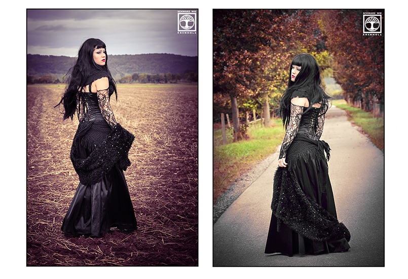 Gothic Shooting Outdoor: Hier sind zwei Fotos zu sehen. Auf Bild 1 steht eine ganz in schwarz gekleidete Gothic Dame mit dem Rücken zu uns gewandt auf einem Stoppelfeld und blickt über ihre rechte Schulter zurück. Sie hat langes schwarzes Haar und trägt eine Corsage, Armstulpen aus Spitze und einen langen Rock. Sie hält eine schwarze, weiche Stola in beiden Händen, welche hinten auf ihren Beinen aufliegt. Auf Bild 2 ist ihre Körperhaltung ähnlich, nur schaut sie diesmal über ihre linke Schulter zurück. Sie steht auf einem Feldweg. Die Laub der Bäume links und rechts neben dem Asphalt ist rot und gelb gefärbt. Es ist Herbst.