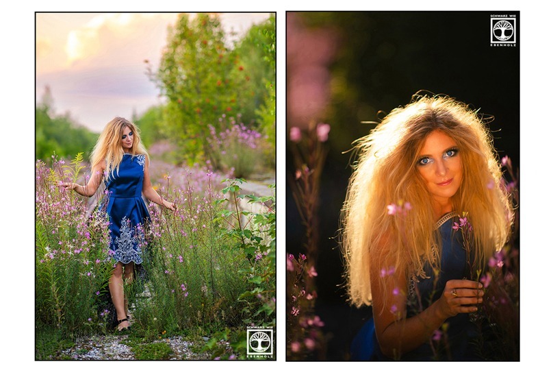 Zwei Bilder der Serie "Blue is just a New Beginning" (deutsch: "Blau = Traurigkeit ist nur ein neuer Anfang". Bild 1: Eine Frau mit langen blonden Haaren und elegantem knielangem blauen Kleid mit weißen Stickereien läuft durch eine Blumenwiese. Ihre Finger streichen dabei über die rosa Blumen. Ihr Blick ruht auf ihnen. Das Einzelbild heißt "Gaining strength" (deutsch: "An Stärke gewinnen"). Bild 2: Eine Frau mit langen blonden, auftoupierten Haaren und elegantem blauen Kleid hält eine rosa Blume in ihrer rechten Hand und blickt uns mit ihren blauen Augen direkt an. Ihre Haare leuchten im Gegenlicht. Sie ist umgeben von rosa Blümchen. Das Einzelbild heißt "Love for Yourself" (deutsch: "Liebe für dich selbst").