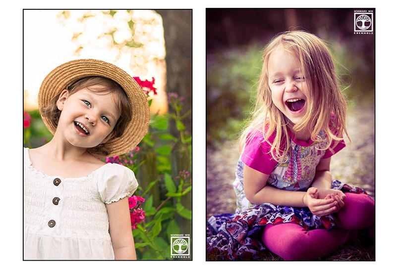 Collage aus zwei Beispielen für Kinder Fotoshootings in der Natur: Links ist ein kleines Mädchen in weißem Kleid mit Hut im Garten zu sehen und rechts ein kleines Mädchen, das auf dem Waldboden sitzt und herzhaft lacht, weil sie einen Regenwurm gefunden hat