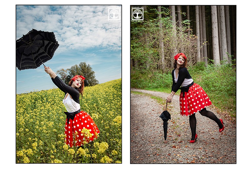 Outdoor Fotoshooting im Vintage Look: Hier sind zwei Fotos zu sehen. Auf Bild 1 steht eine brünette Frau in einem gelb blühenden Rapsfeld. Sie trägt einen roten Rock mit weißen Punkten, eine weiße Bluse, einen schwarz Bolero und eine schwarze Schleife um ihre Hüfte. Auf dem Kopf ist eine große rote Schleife. Sie streckt einen schwarzen Spitzenschirm in Richtung Himmel, so als ob sie gleich wegfliegen wollen würde (wie Mary Poppins im Film). Auf Bild 2 steht sie auf einem Waldweg auf dem rechten Bein, während ihr anderes Bein in der Luft angewinkelt ist. Sie stützt sich mit beiden Händen auf den geschlossenen schwarzen Spitzenschirm und lächelt.